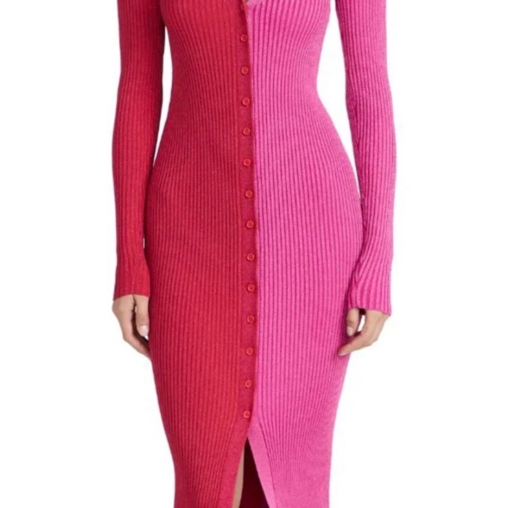 STAUD Shoko dress Colorblock Pink Rib-Knit Button-Front Dress - Women
